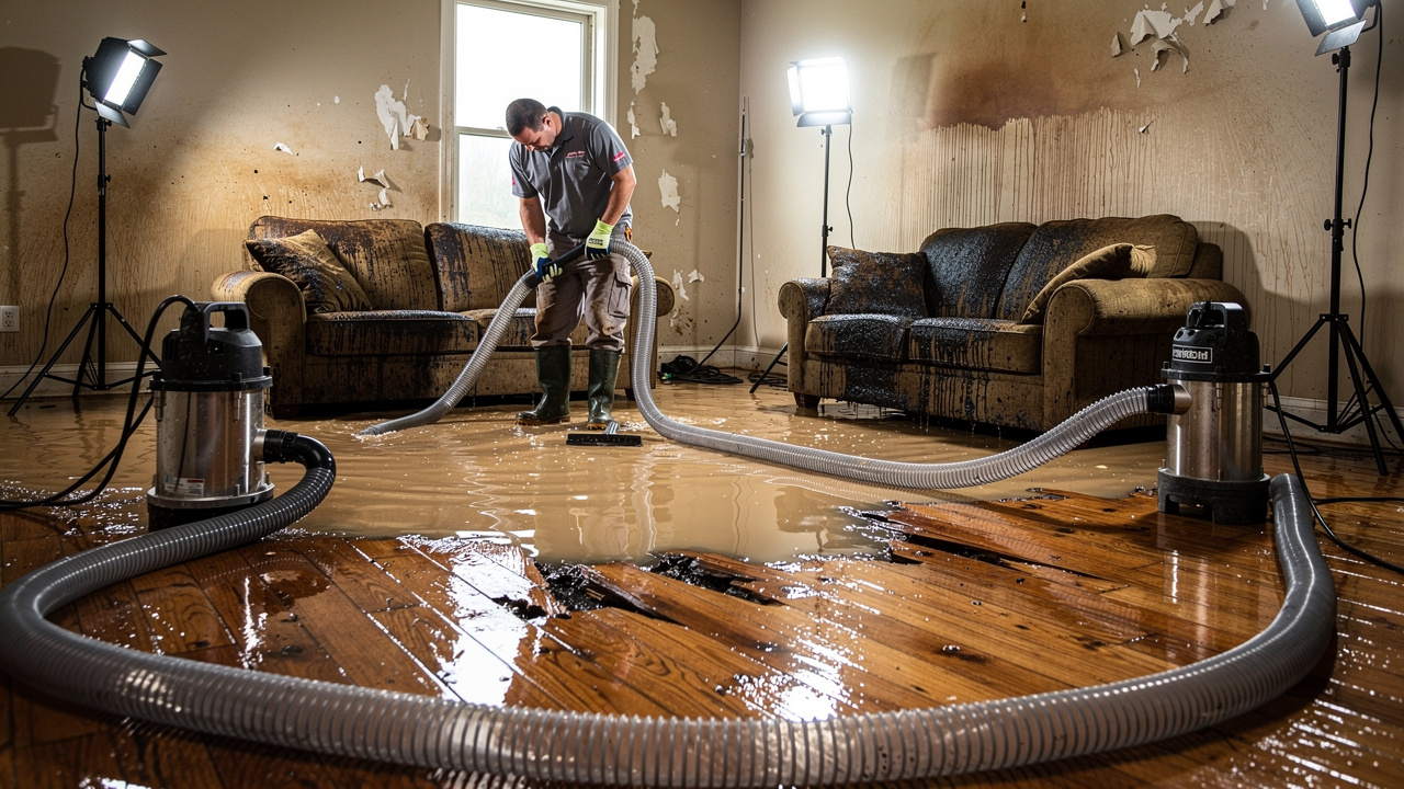 Professional water damage extraction equipment removing flood water indoors